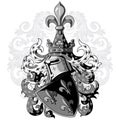 Knightly coat of arms. Heraldic medieval knight helmet, shield and Medieval knight ornament