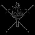 Knightly design. Flaming Torch and two crossed medieval swords