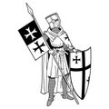 Knightly design. Knight Templar in armor with a spear, shield, flag and medieval knight seal