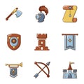 Knightly icons set, cartoon style