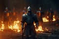 Knights in armor on the battlefield at night after the battle, victory. Everything is on fire Royalty Free Stock Photo