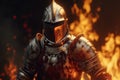 Knights in armor on the battlefield at night after the battle, victory. Everything is on fire Royalty Free Stock Photo