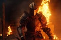 Knights in armor on the battlefield at night after the battle, victory. Everything is on fire Royalty Free Stock Photo