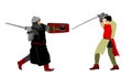 Knights in armor with sword fight vector illustration isolated on white. Medieval fighter in battle.