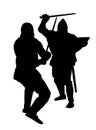 Knights in armor with sword fight vector silhouette illustration isolated. Medieval fighter in battle