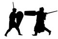 Knights in armor with sword fight vector silhouette illustration isolated. Medieval fighter in battle