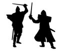 Knights in armor with sword fight vector silhouette illustration isolated. Medieval fighter in battle