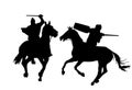 Knights in armor with sword and shield riding horse vector silhouette isolated. Horseman medieval fighters in battle. Cavalryman.