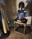 Knights armour on display on table in manor house in england