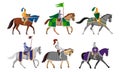 Knights with flags, shields and swords on horseback vector illustration