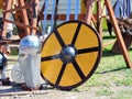 Knights Metal Helmet Beside Yellow Shield