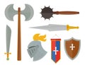 Knights symbols medieval weapons heraldic knighthood elements medieval kingdom gear knightly vector illustration. Royalty Free Stock Photo