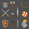 Knights symbols medieval weapons heraldic knighthood elements medieval kingdom gear knightly vector illustration. Royalty Free Stock Photo