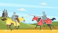 Knights tournament. Medieval chivalry prince in brutal armour helmet warriors on horse vector cartoon background Royalty Free Stock Photo