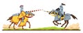 Knights tournament. Medieval knight in armor on horseback, chivalry horse battle with two opponents cartoon vector Royalty Free Stock Photo