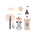 Little princess. cartoon princess, castle, decor elements. colorful vector illustration, flat style. Royalty Free Stock Photo