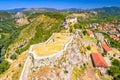 Knin fortress aboce Krka river aerial view
