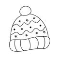 Knit beanie hat with dots, snowflakes, stripes and pompom black and white vector in contour line art cartoon doodle Royalty Free Stock Photo