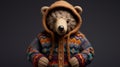 Knit Bear: Photorealistic Studio Photography Of A Colorful Bear Wearing A Sweater And Hooded