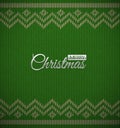 Knit christmas geometric background with metal merry Christmas text. Realistic xmas vector pattern. Knitted winter green sweater