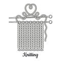 Knit handmade with knitting needle line icon. Hand knitted fabric from wool yarn, handwork knitwear clothing. Knitter label vector