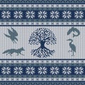 Knit seamless woolen ornament with Celtic totem animals and the Tree of Life