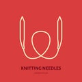 Knit shop line logo. Yarn store flat sign, illustration of circular knitting needles