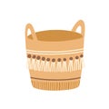 Knitted basket flat vector illustration. Wicker item, needlework pottle, interior decor element. Handiwork in ethnic