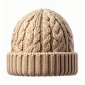 Knitted Beige Beanie Hat with Cable Pattern on White Background Studio Shot Royalty Free Stock Photo