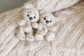 A knitted beige bunny and bear stands next to indoor plants.