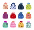 Knitted caps, vector icon set. Winter accessories. Isolated on white background.