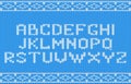 Knitted Christmas Font, Cozy And Festive Typography. Vector White Alphabet Letters on Blue Norway Knitwear Background