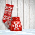 Knitted christmas stocking and red tea cup decorated with abstract white snowflake, illustration Royalty Free Stock Photo