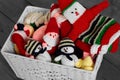 Knitted christmas toys and decorations in a basket Royalty Free Stock Photo