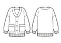 Knitted classic cardigan with pockets and buttons on front, fashion flat sketch template