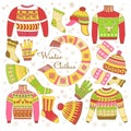 Knitted clothing knitwear winter clothes sweater scarf sock mitten hat vector icons