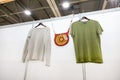 Knitted clothing made of hemp - pullover, T-shirt and bag. Clothing made from hemp fiber at the exhibition Royalty Free Stock Photo