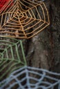 Knitted cobweb of colored threads on a tree trunk close-up