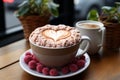 Knitted Coffee and desserts pastry, roses on wooden table. Generative AI