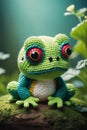 Knitted crochet frog on mossy piece of wood in garden