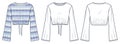 Knitted Crop Top fashion flat tehnical drawing template. Bell Sleeve Sweater technical fashion illustration, round neck