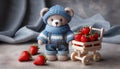 A knitted cute toy bear harvesting red crochet strawberries in a toy garden. AI generated.