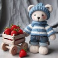 A knitted cute toy bear harvesting red crochet strawberries in a toy garden. AI generated illustration