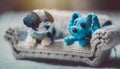 knitted dog puppies on couch, cute playing dogs. wool dolls ,ai generated