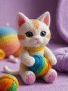 A knitted doll in the shape of a kitten, playing with the yarn ball it was knitted from