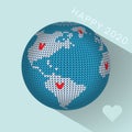 Knitted Earth globe with hearts and flat shadow, vector greeting card 2020 on light blue background Royalty Free Stock Photo