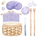 Knitted fabric sample purple, skein and tangle of thread, knitting needles and crochet hook . Watercolor set