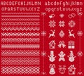 Knitted font and elements. Vector illustration. Christmas seamless texture. Knitted sweater print