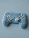 Knitted game controller with colorful buttons on vibrant blue background. Royalty Free Stock Photo