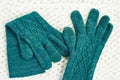 Knitted green gloves on white scarf Royalty Free Stock Photo